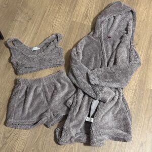 Women's Plush Gray Pajama Set with Hooded Robe